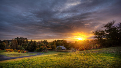 Landscape, meadow, sunset, clouds