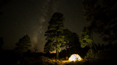 With tent under the night sky