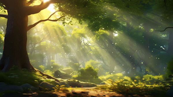 Sunbeams through forest